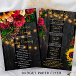 Budget rustic floral wood lights wedding program<br><div class="desc">Elegant rustic budget wedding ceremony and party program PAPER FLYER (advertising type paper) template featuring beautiful bright yellow orange sunflowers and red burgundy marsala roses flower bouquets with strings of twinkle lights on a country style dark brown wooden background. Personalize it with your your details. Suitable for rustic country vintage...</div>