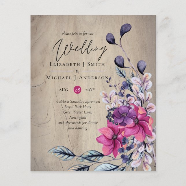 BUDGET Rustic Fuchsia Floral Woodland Wedding (Front)