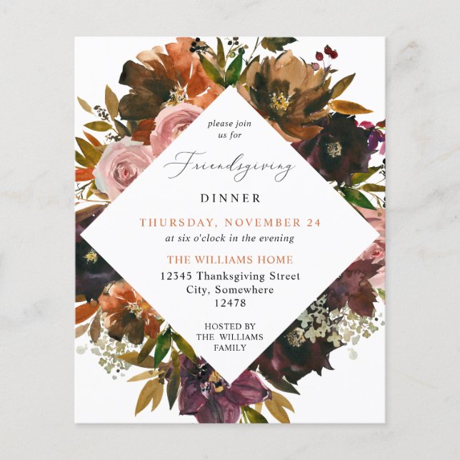 Budget Rustic Gold Fall Floral Friendsgiving Flyer (Front)