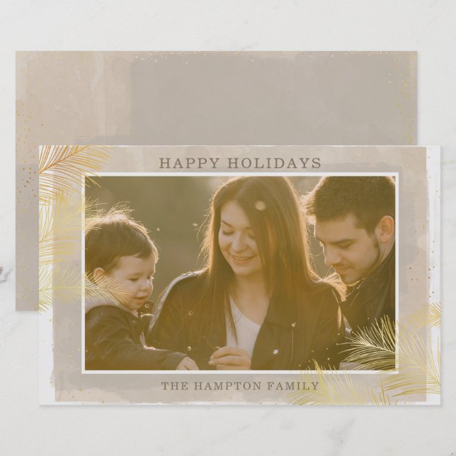 Budget Rustic Gold Pine Photo Holiday Card (Front/Back)