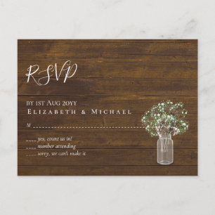 Budget Rustic Gypsophila Mason Jar Wedding RSVP Postcard