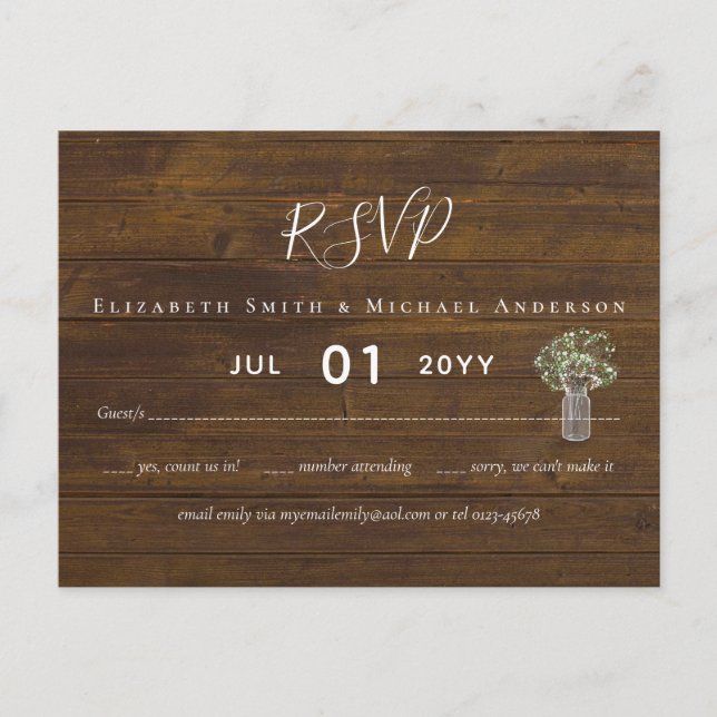Budget Rustic Gypsophila Mason Jar Wedding RSVP Postcard (Front)