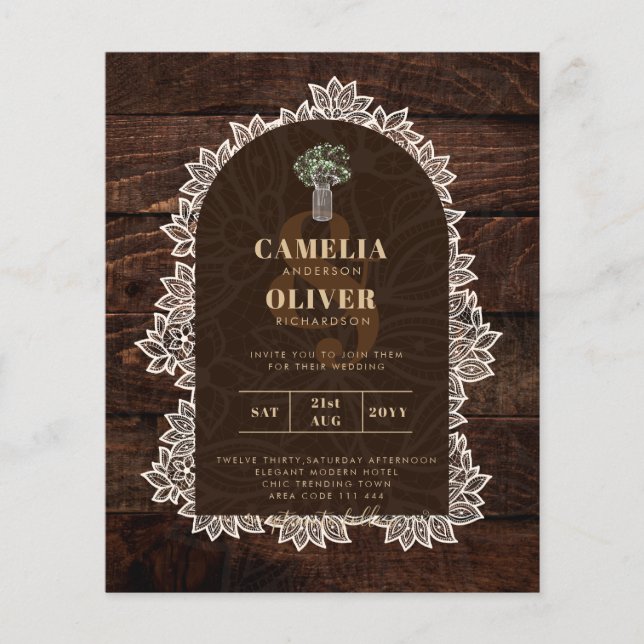 Budget Rustic Lace MasonJar Gypsophila Wedding INV (Front)