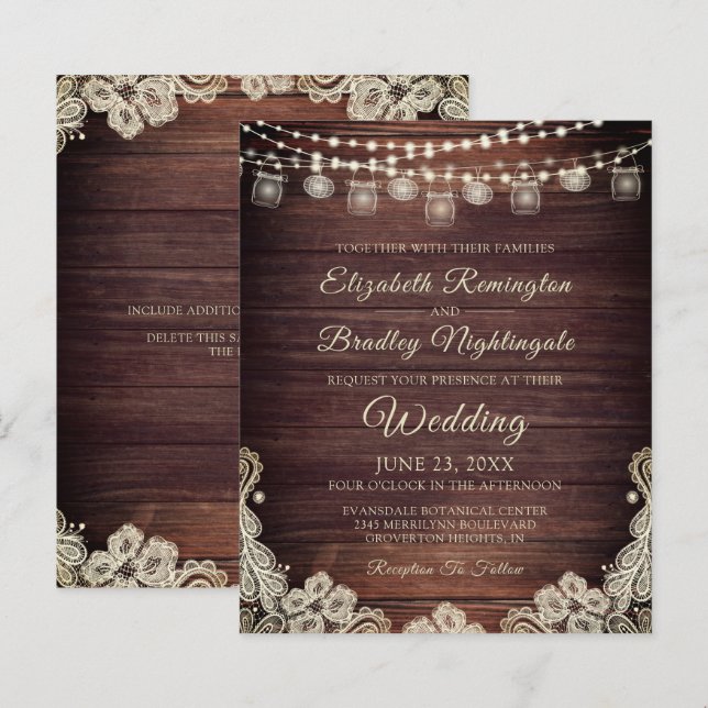 Budget Rustic Lights Ivory Lace Wedding Invitation (Front/Back)