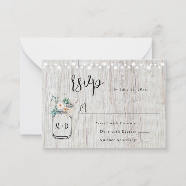Budget Rustic Lights Mason Jar Wedding RSVP Card (Front)