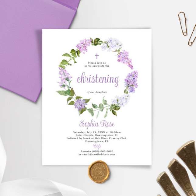 Budget Rustic Lilac Flowers Christening Invitation (Creator Uploaded)