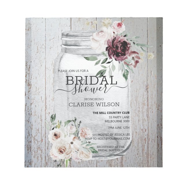 BUDGET Rustic Mason Jar Bridal Shower Invitation Notepad (Front)