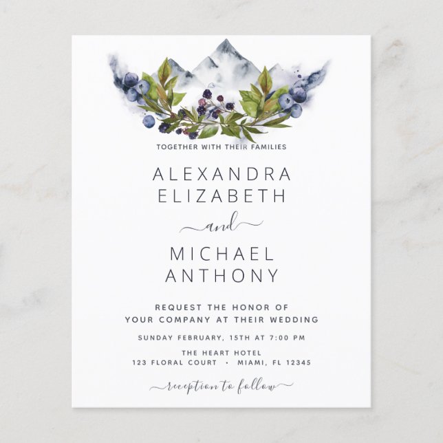 Budget Rustic Mountains Forest Wedding Flyer (Front)