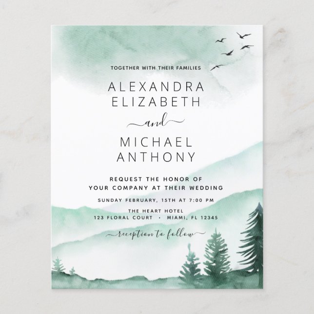Budget Rustic Mountains Forest Wedding Invitation Flyer (Front)