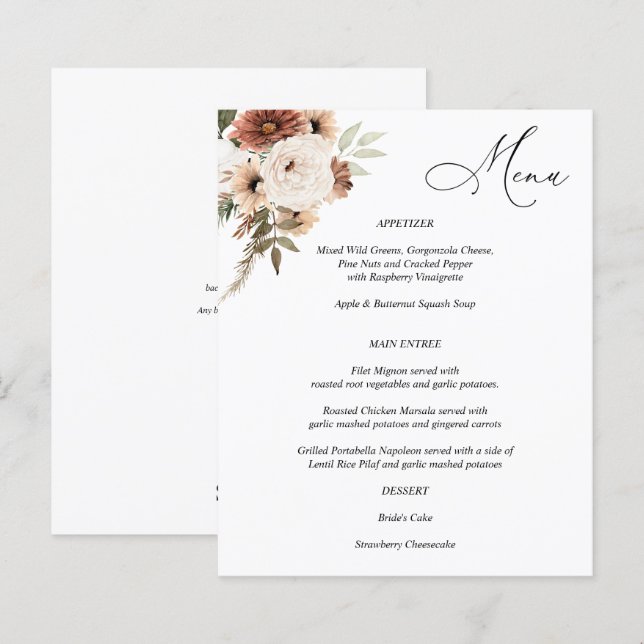 Budget Rustic Neutral Boho Floral Menu  (Front/Back)