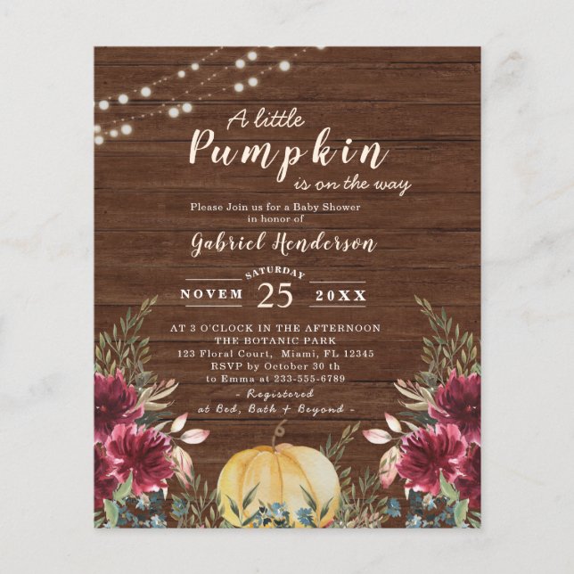 Budget Rustic Pumpkin Baby Shower Light Invitation (Front)