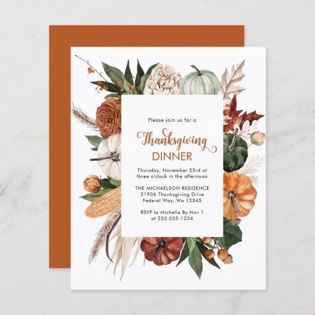 Budget Rustic Pumpkin Thanksgiving Dinner Invite (Front/Back)