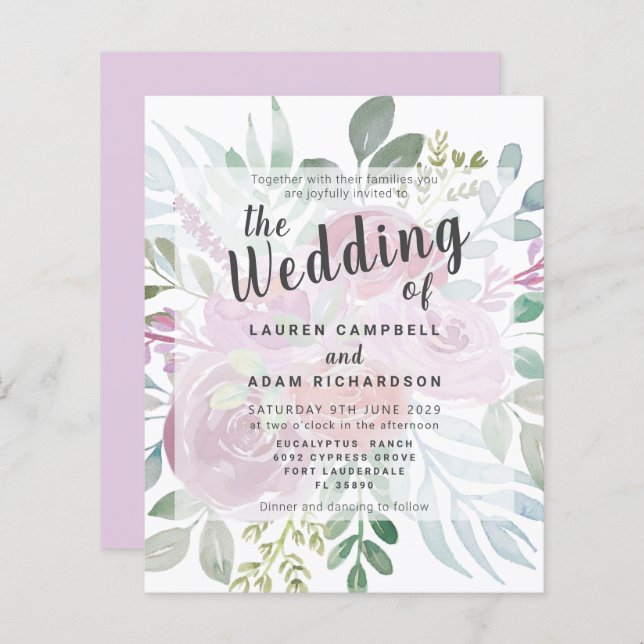 Budget Rustic Rose Dusty Pink Wedding Invitation (Front/Back)