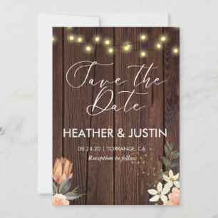 Budget Rustic Script String Lights & Lace Wedding Save The Date