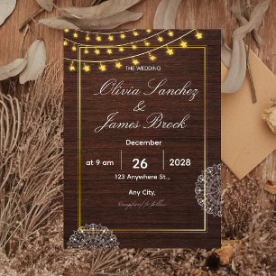 Budget Rustic String Lights and wood wedding  Invitation