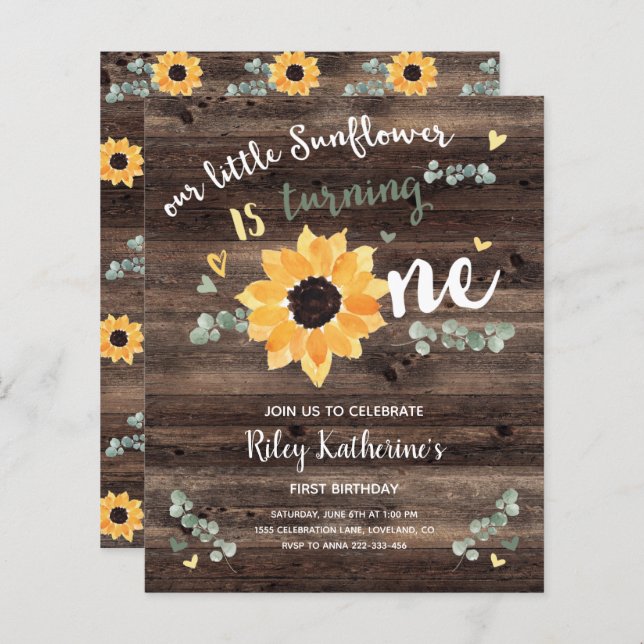 Budget Rustic Sunflower 1st Birthday Invitation (Front/Back)