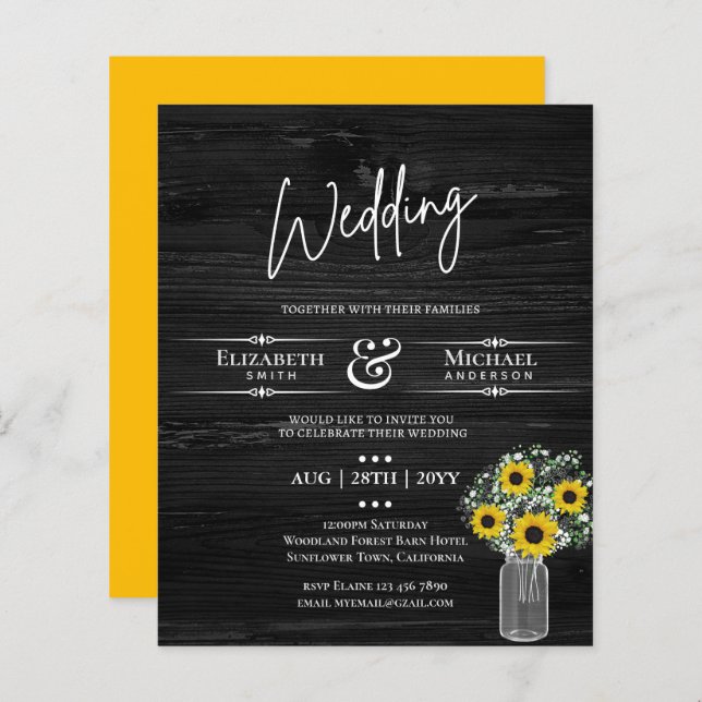 BUDGET Rustic Sunflower BabysBreath Wedding Invite (Front/Back)