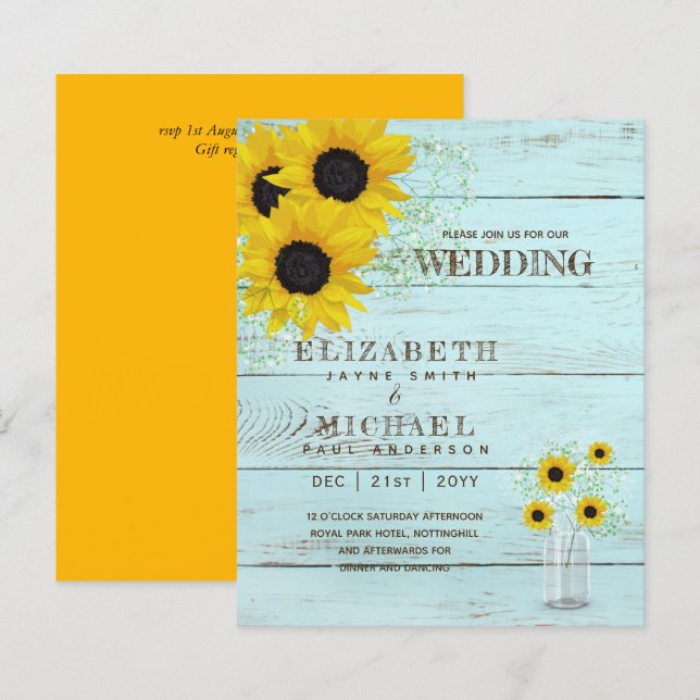 BUDGET Rustic Sunflower BabysBreath Wedding Invite (Front/Back)