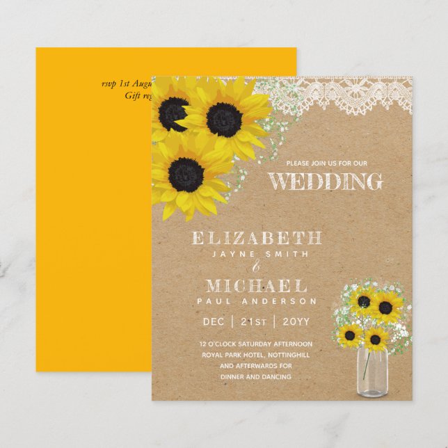 BUDGET Rustic Sunflower BabysBreath Wedding Invite (Front/Back)