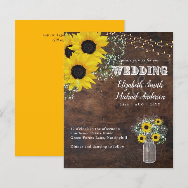 BUDGET Rustic Sunflower Gypsophila Wedding Invite (Front/Back)