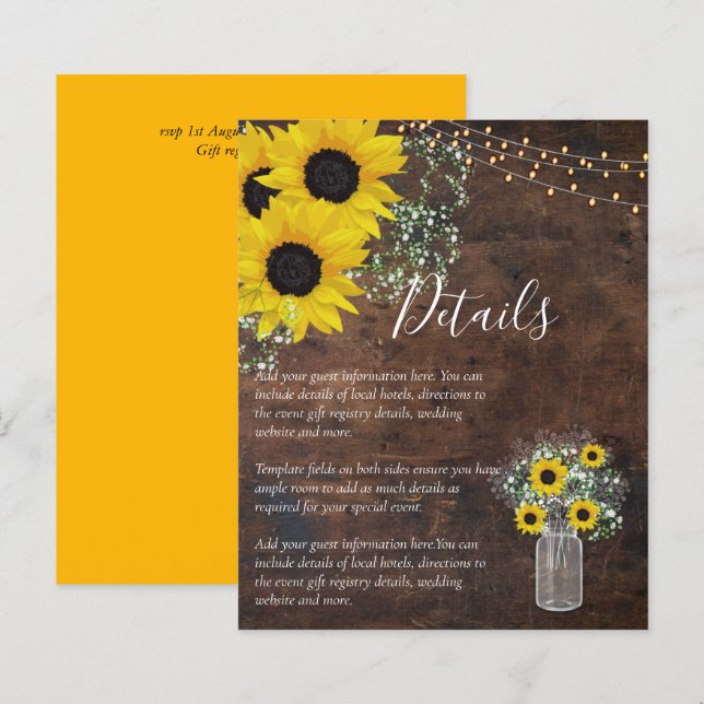 BUDGET Rustic Sunflower Wedding Details Enclosure (Front/Back)