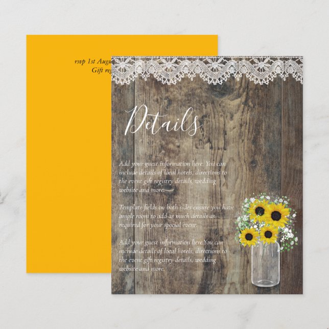 BUDGET Rustic Sunflower Wedding Details Enclosure (Front/Back)