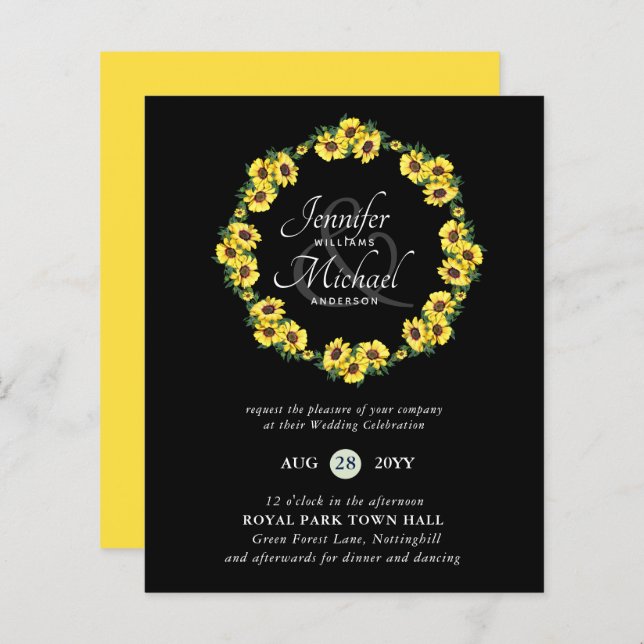 BUDGET Rustic Sunflower Wreath Wedding Invite (Front/Back)