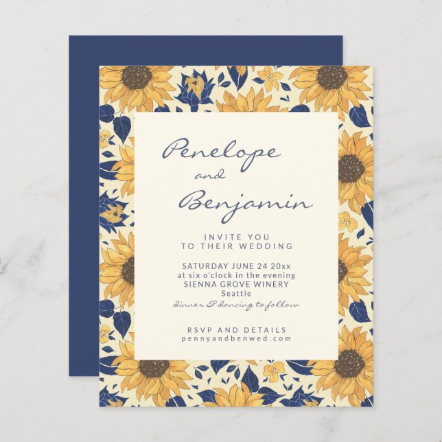 Budget Rustic Sunflower Yellow Blue Wedding Invite (Front/Back)