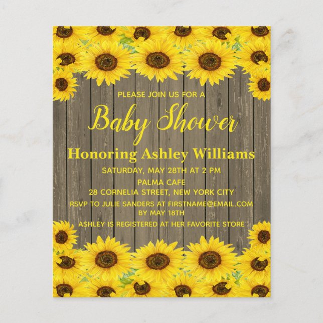 Budget Rustic Sunflowers Baby Shower Invitation (Front)