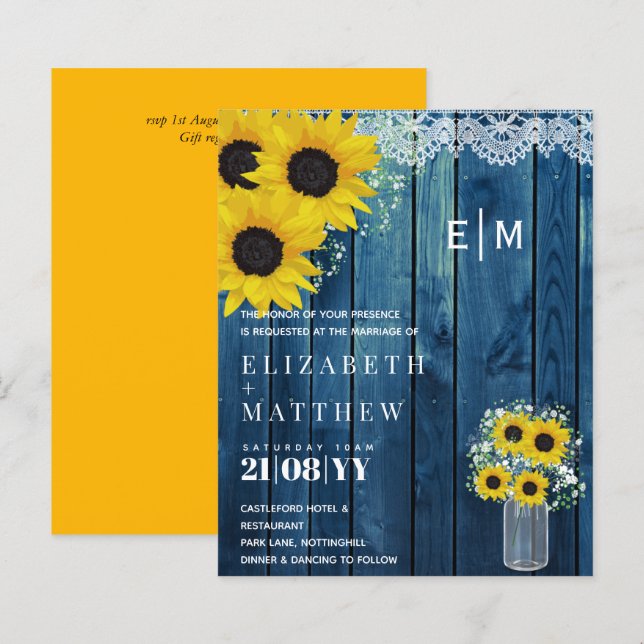BUDGET Rustic Sunflowers Blue Wedding Invite (Front/Back)