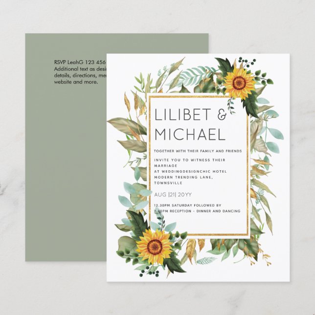 Budget Rustic Sunflowers BOHO Greenery Wedding Inv (Front/Back)