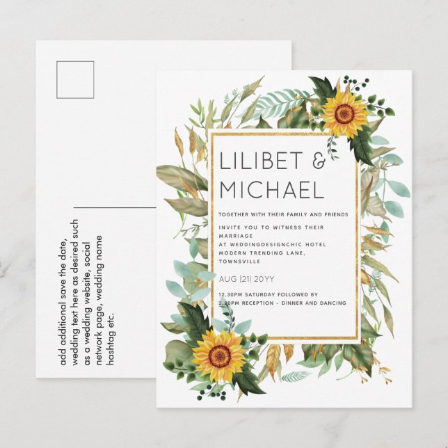 Budget Rustic Sunflowers BOHO Greenery Wedding Inv Postcard (Front/Back)