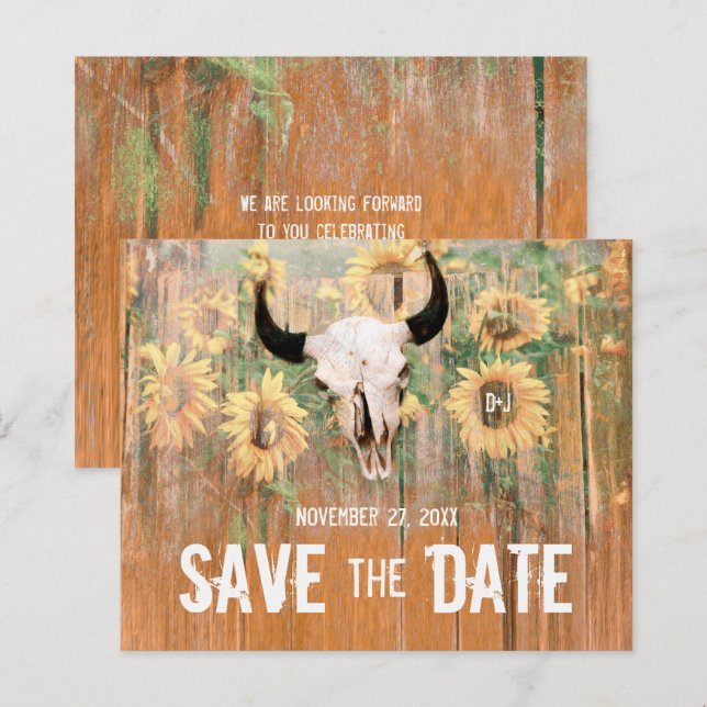 Budget Rustic Sunflowers Bull Skull Save The Date (Front/Back)