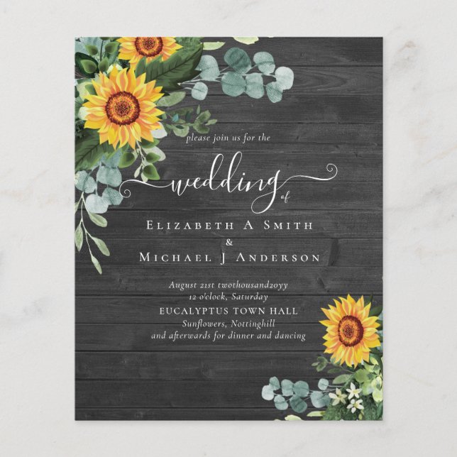 BUDGET Rustic Sunflowers Eucalyptus Leaves Wedding (Front)
