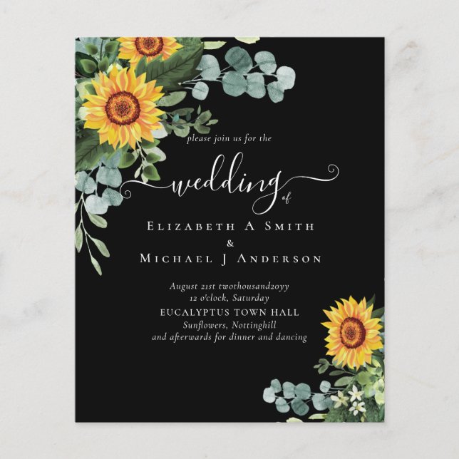 BUDGET Rustic Sunflowers Eucalyptus Leaves Wedding Flyer (Front)