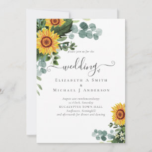 BUDGET Rustic Sunflowers Eucalyptus Leaves Wedding Invitation