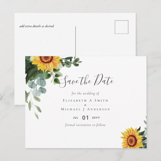 BUDGET Rustic Sunflowers Eucalyptus Leaves Wedding Postcard (Front/Back)