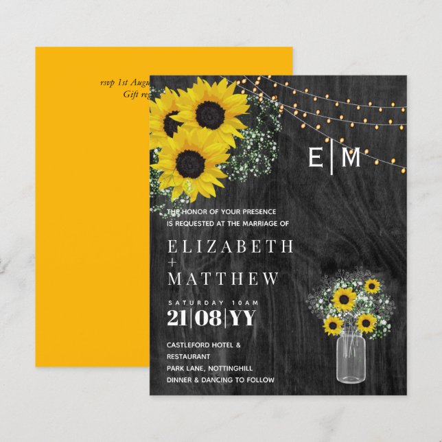 BUDGET Rustic Sunflowers Gypsophila Wedding Invite (Front/Back)