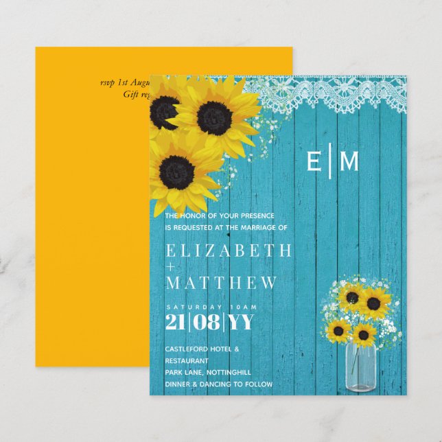 BUDGET Rustic Sunflowers Gypsophila Wedding Invite (Front/Back)