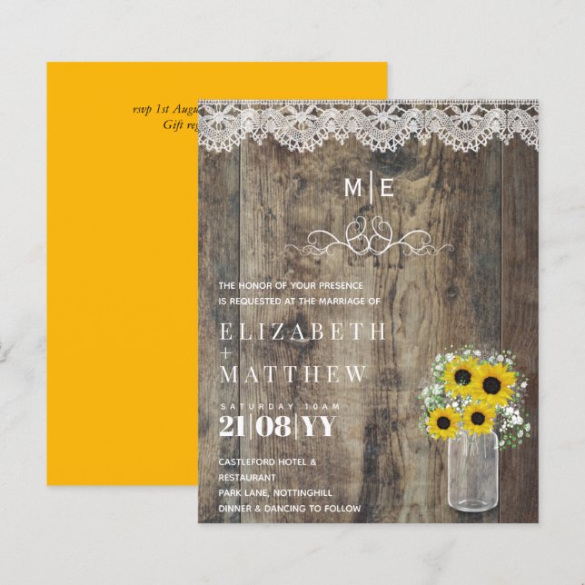 BUDGET Rustic Sunflowers Gypsophila Wedding Invite (Front/Back)