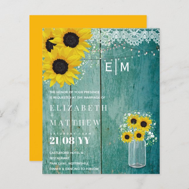 BUDGET Rustic Sunflowers Gypsophila Wedding Invite (Front/Back)