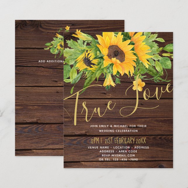 Budget Rustic Sunflowers Wood Wedding Invitations (Front/Back)