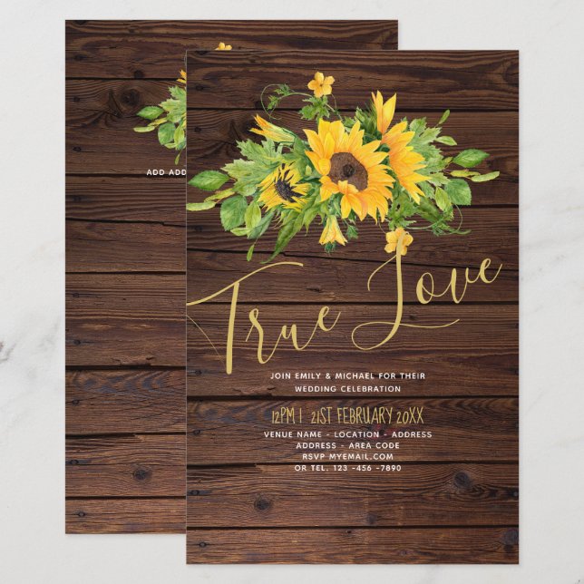 Budget Rustic Sunflowers Wood Wedding Invites A9 (Front/Back)