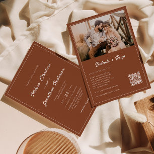 Budget Rustic Terracotta Photo QR Code Wedding Invitation