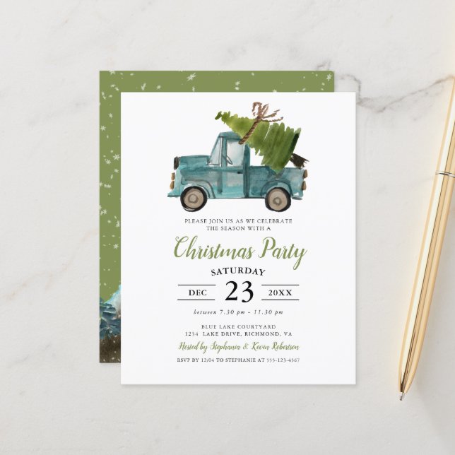 Budget Rustic Watercolor Blue Truck Christmas  (Front/Back In Situ)