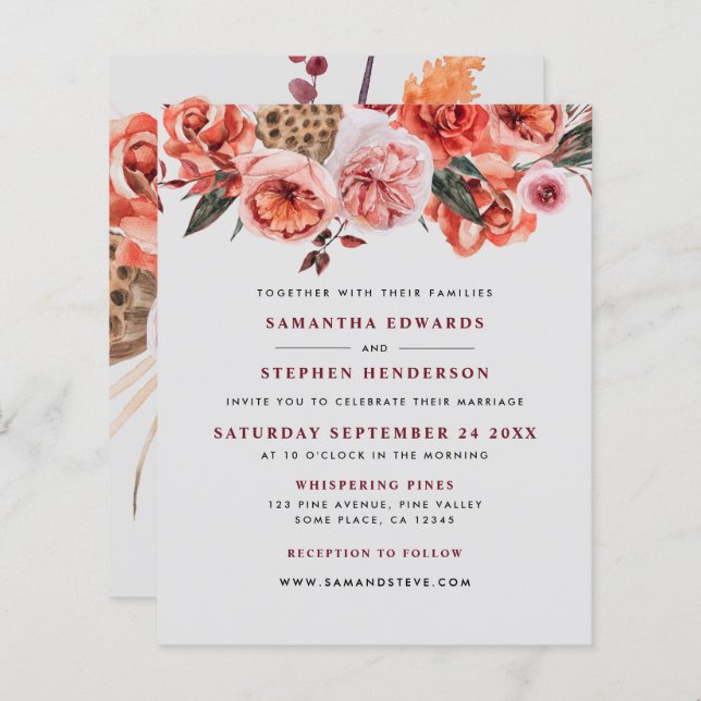 Budget Rustic Watercolor Floral Wedding Invitation (Front/Back)