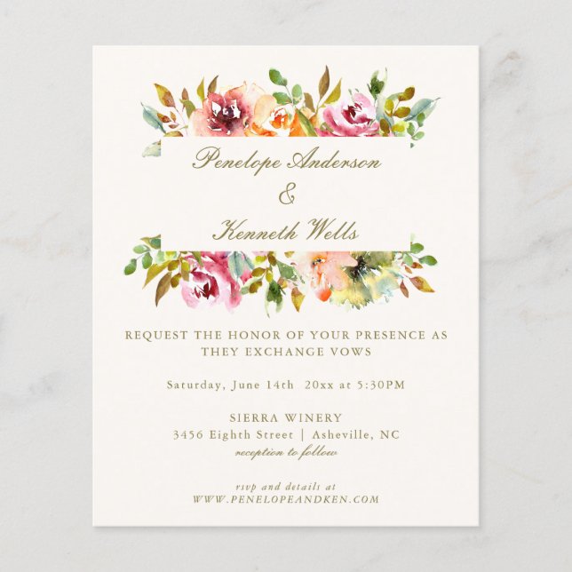 Budget Rustic Watercolor Floral Wedding Invite (Front)