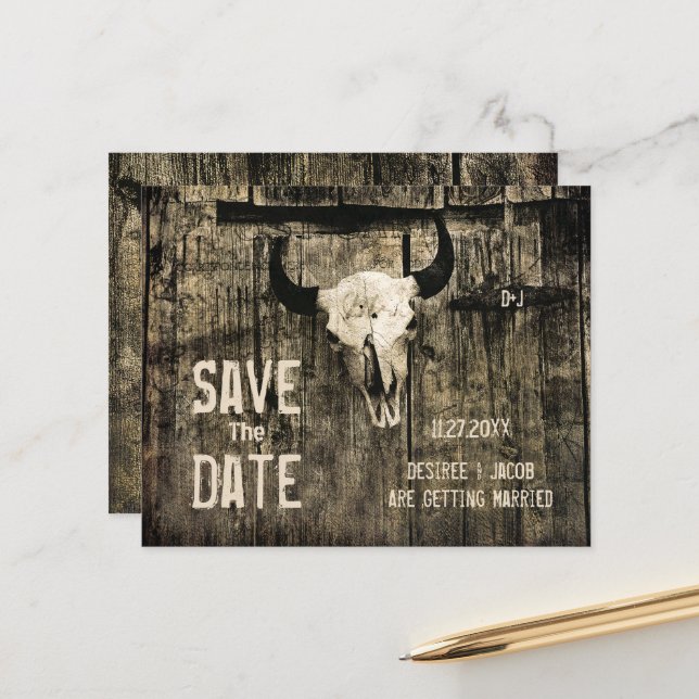 Budget Rustic Western Cow Skull Save The Date (Front/Back In Situ)
