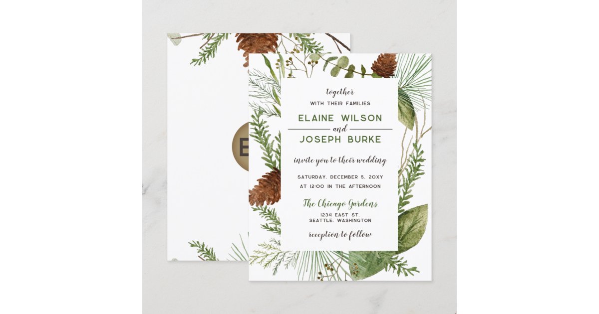 Budget Rustic Winter Pine cone Wedding Invitation | Zazzle