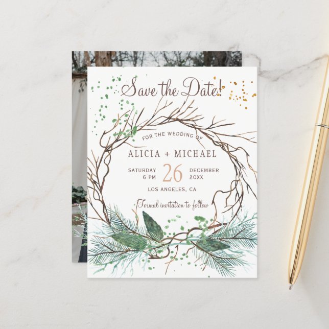 Budget rustic winter wedding PHOTO save the date (Front/Back In Situ)